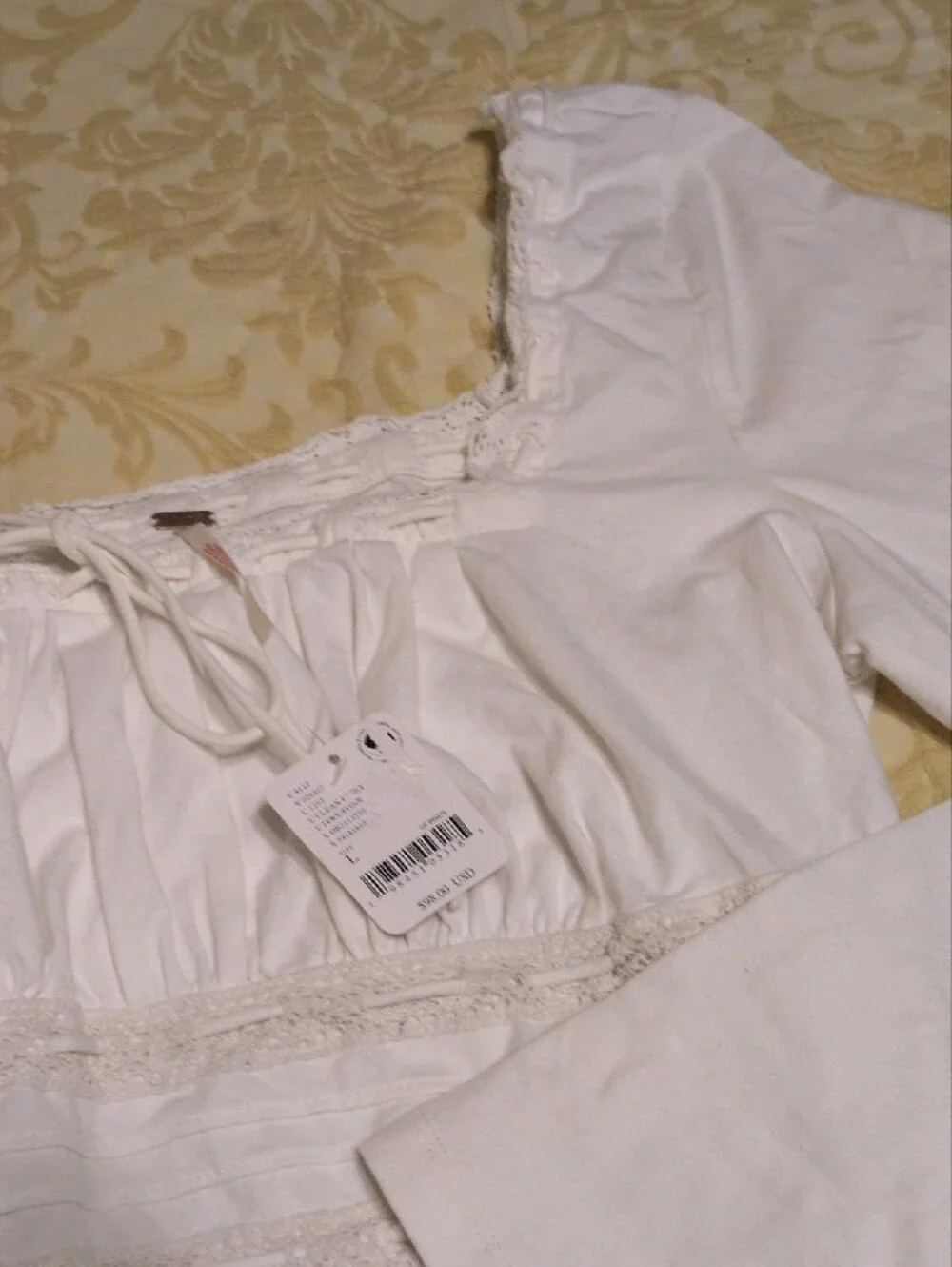 Free People Scarlet Off-Shoulder Lace Trim Crop Top In Cream, SZ L, NWT